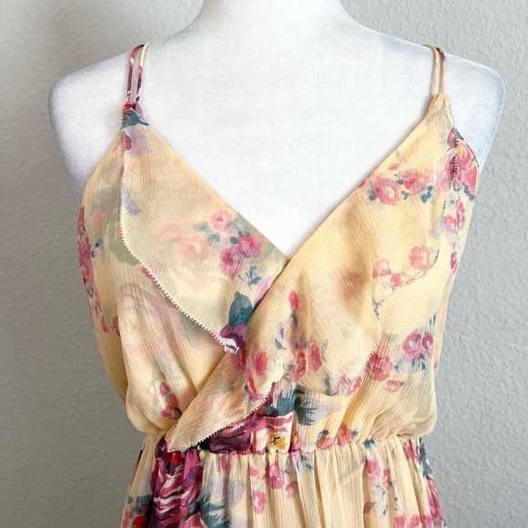 Meadow Rue Spring Silk Dress Womens 6 Yellow Floral Blouson Ruffle Anthropologie - Picture 2 of 9